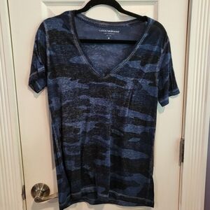 Lucky Brand Women's Blue Camo V-Neck Tee